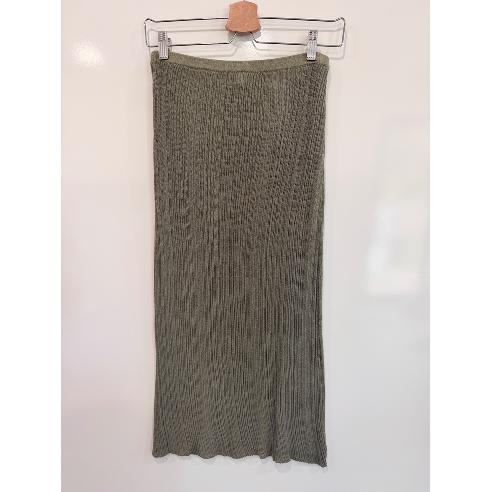 Zara Olive Green Ribbed Knit‎ Midi Skirt Metallic Shimmer Size Small